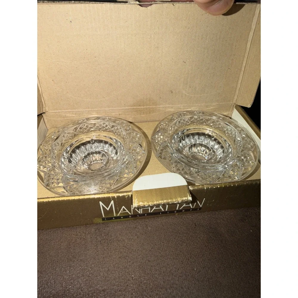 Manhattan Candle‎ Lights Moonlight 4in Crystal Votive Candle Holder Set 2 315371